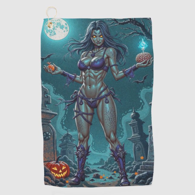 Halloween Treat or Zombie Girlfriend w Brains Golf Towel (Front)