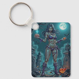 Halloween Treat or Zombie Girlfriend w Brains Keychain