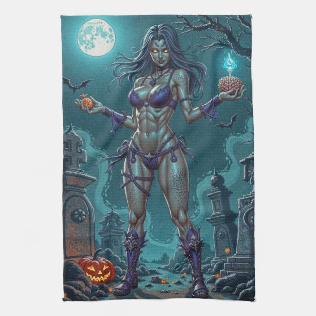 Halloween Treat or Zombie Girlfriend w Brains Kitchen Towel (Vertical)
