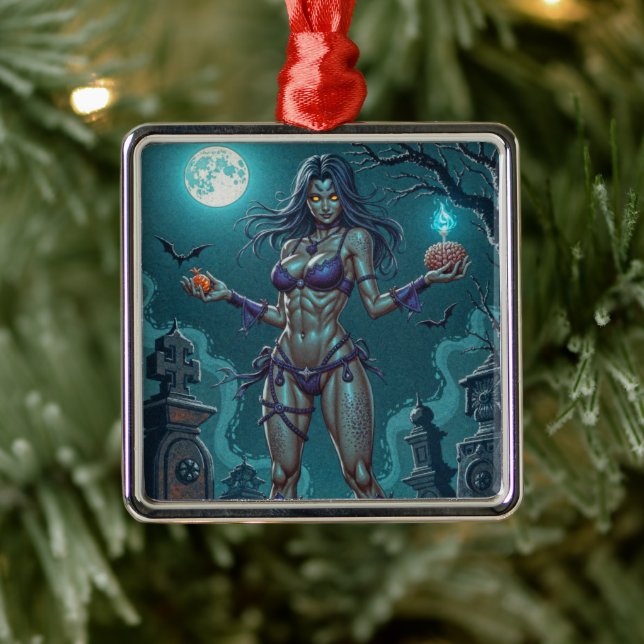 Halloween Treat or Zombie Girlfriend w Brains Metal Ornament (Tree)