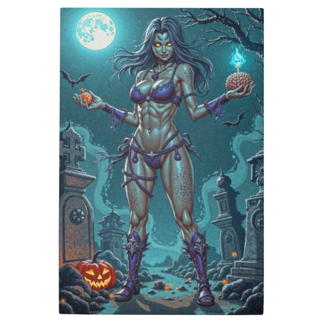 Halloween Treat or Zombie Girlfriend w Brains Metal Print (Front)