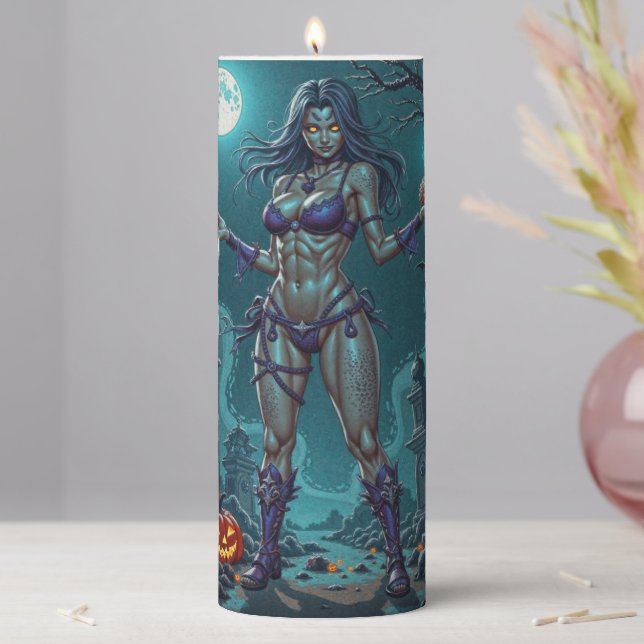 Halloween Treat or Zombie Girlfriend w Brains Pillar Candle (In Situ)