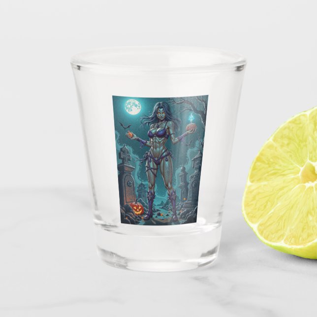 Halloween Treat or Zombie Girlfriend w Brains Shot Glass (Front)