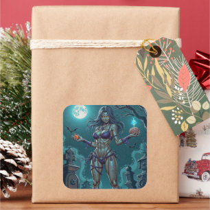 Halloween Treat or Zombie Girlfriend w Brains Square Sticker