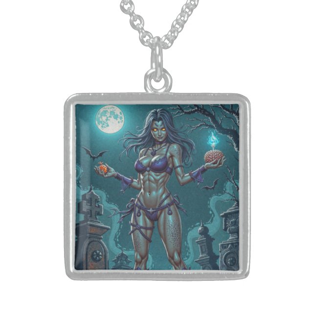 Halloween Treat or Zombie Girlfriend w Brains Sterling Silver Necklace (Front)
