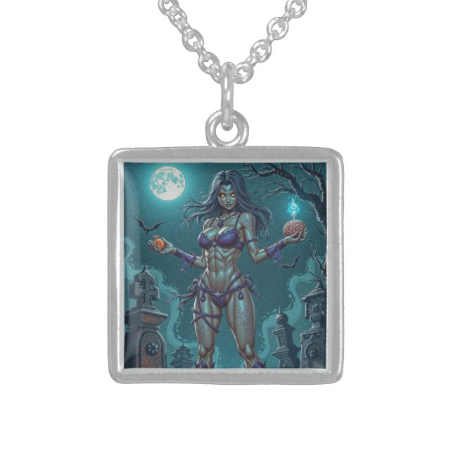 Halloween Treat or Zombie Girlfriend w Brains Sterling Silver Necklace (Front)