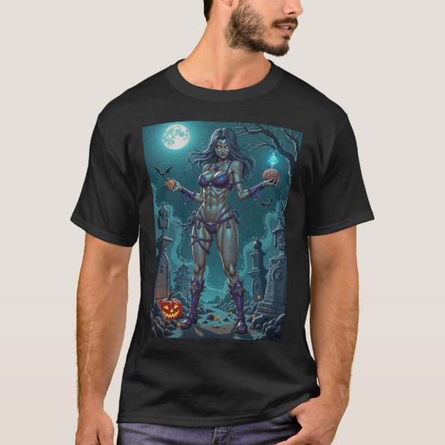 Halloween Treat or Zombie Girlfriend w Brains T-Shirt (Front)