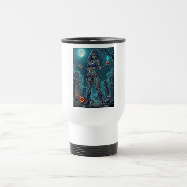 Halloween Treat or Zombie Girlfriend w Brains Travel Mug (Center)
