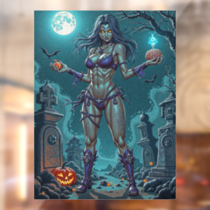 Halloween Treat or Zombie Girlfriend w Brains Window Cling