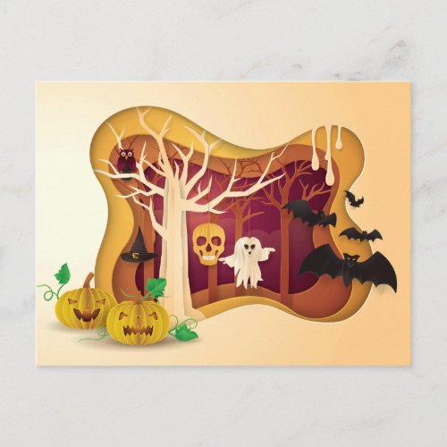 Halloween Tree Papercut Ghost  Skull Postcard