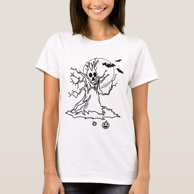 Halloween Tree with Antlers, Moon and Pumpkins  T-Shirt (Front)