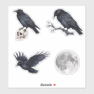 Halloween Trendy Black raven crow ,skull and moon Sticker