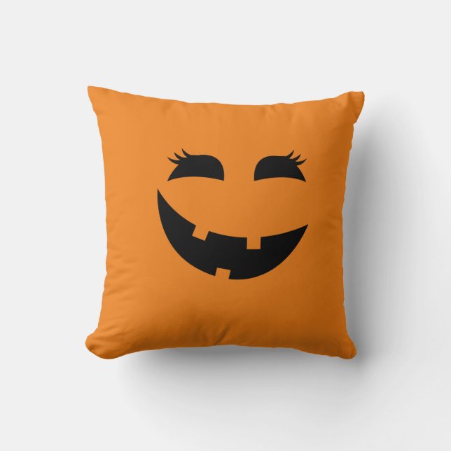 Halloween Trendy Girly Jack-o-Lantern with Lashes Throw Pillow (Front)