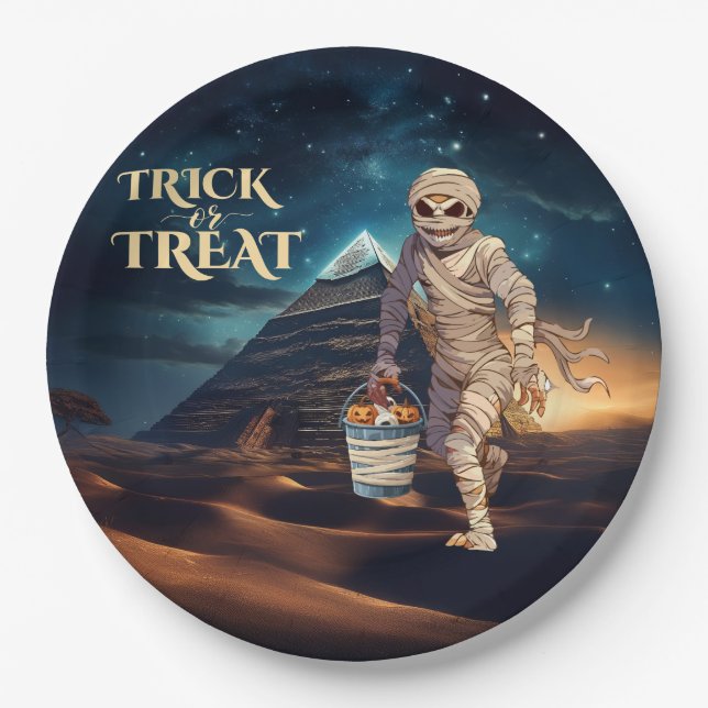 Halloween Trick of Treat Mummy Paper Plates (Front)
