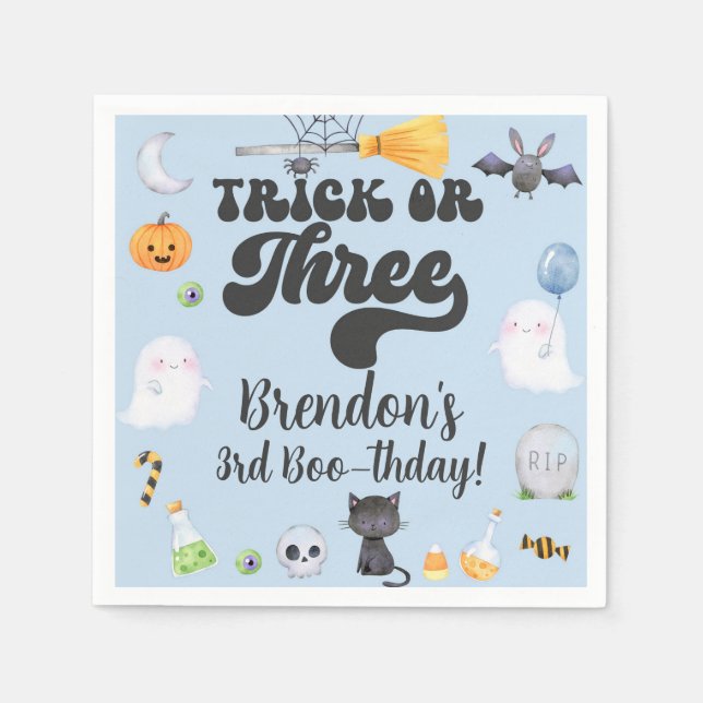 Halloween trick or three boy 3rd birthday napkins. napkins (Front)