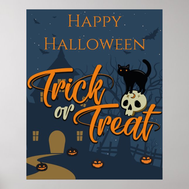 Halloween Trick or Treat Black Cat and Skull Poster (Front)