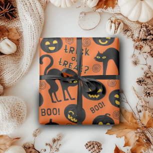 Halloween Trick or Treat Black Cat Gothic Pumpkins Wrapping Paper