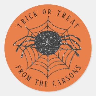 Halloween Trick or Treat Black Orange Spider Web Classic Round Sticker
