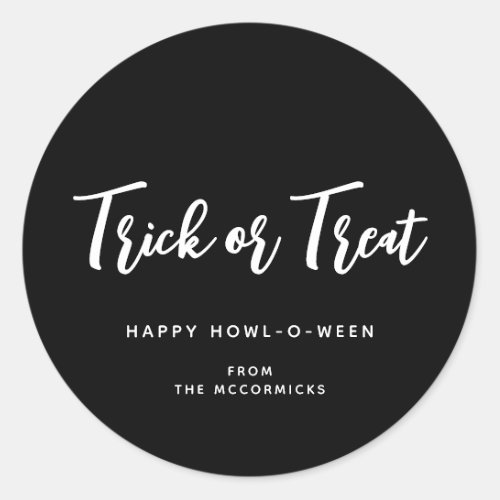 Halloween Trick or Treat Black White Script Custom Classic Round Sticker