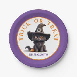 Halloween Trick or Treat Cute Black Cat Witch Hat Paper Plates