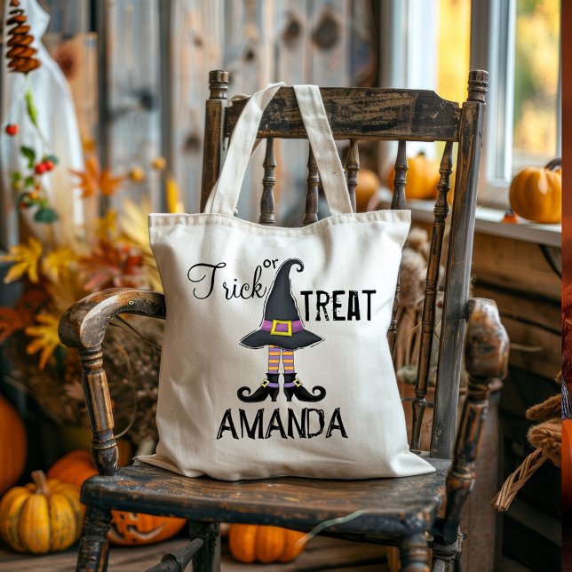 Halloween Trick Or Treat Cute Witch Shoes Hat Tote Bag (Trick or treat fall custom tote bag)
