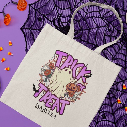 Halloween Trick or Treat Ghost Personalized Name Tote Bag