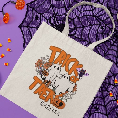 Halloween Trick or Treat Ghosts Personalized Name Tote Bag