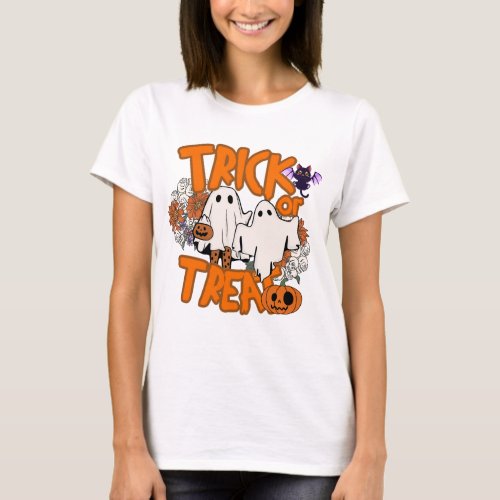 Halloween Trick or Treat Ghosts Pumpkin Typography T_Shirt