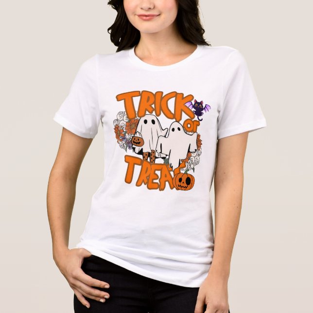 Halloween Trick or Treat Ghosts Pumpkin Typography Tri-Blend Shirt (Front)