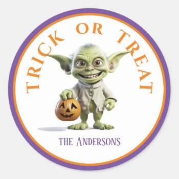 Halloween Trick Or Treat Green Pointed Ear Gremlin Classic Round Sticker by HolidayCreations at Zazzle