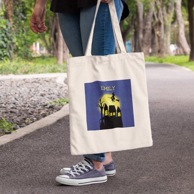 Halloween Trick or Treat Haunted House Witch Moon Tote Bag (Halloween haunted house witch moon trick or treat tote bag with spooky design.)