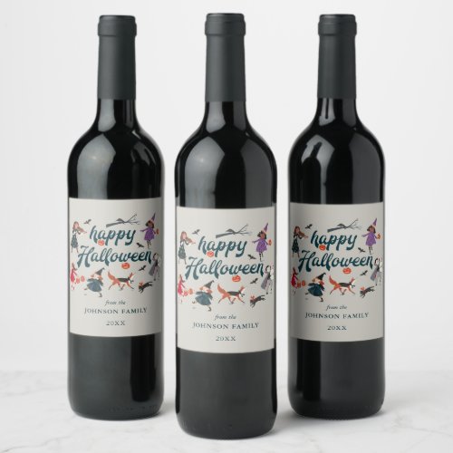 Halloween trick or treat kids black  grey holiday wine label