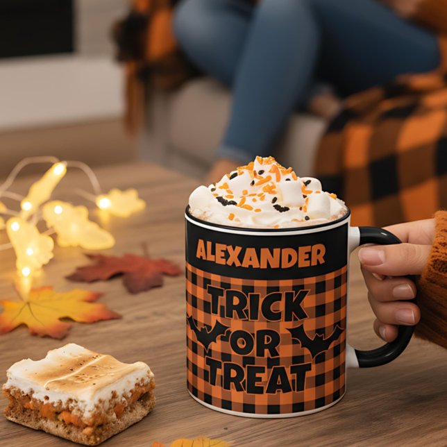 Halloween Trick or Treat Orange & Black Plaid Name Mug (Creator Uploaded)