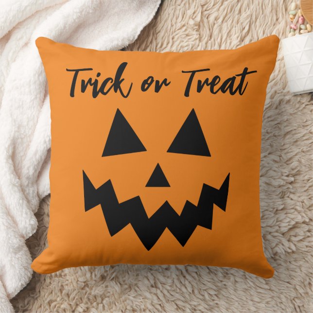 Halloween Trick or Treat Orange Pumpkin Face Throw Pillow (Blanket)