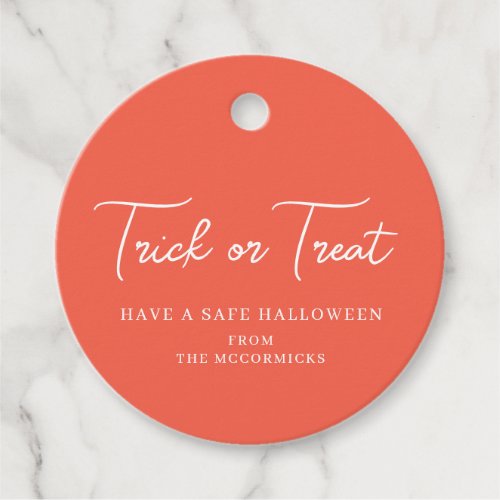 Halloween Trick or Treat Orange Script Party Name Favor Tags