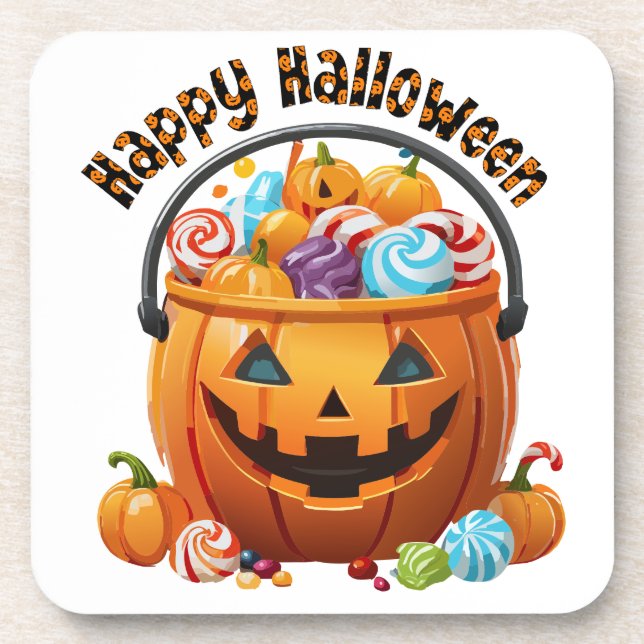 Halloween Trick Or Treat Pail & Candy Beverage Coaster (Front)