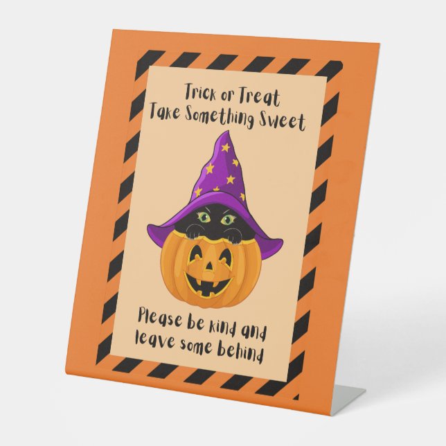 Halloween Trick or Treat pumpkin black cat candy Pedestal Sign (Front)