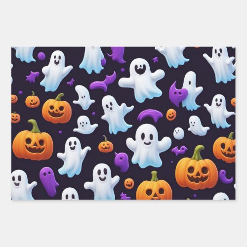 Halloween Trick Or Treat Pumpkin Boo Ghost  Black Wrapping Paper Sheets