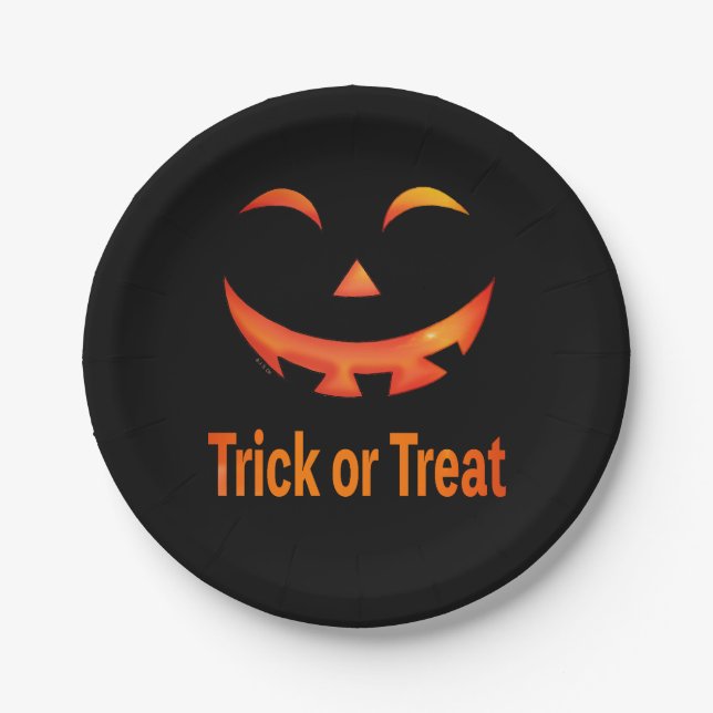Halloween Trick or Treat Pumpkin Face Paper Plates (Front)