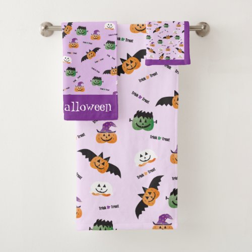 Halloween Trick Or Treat Pumpkin Pattern Purple Bath Towel Set