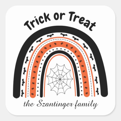 Halloween trick or treat rainbow bats personalized square sticker