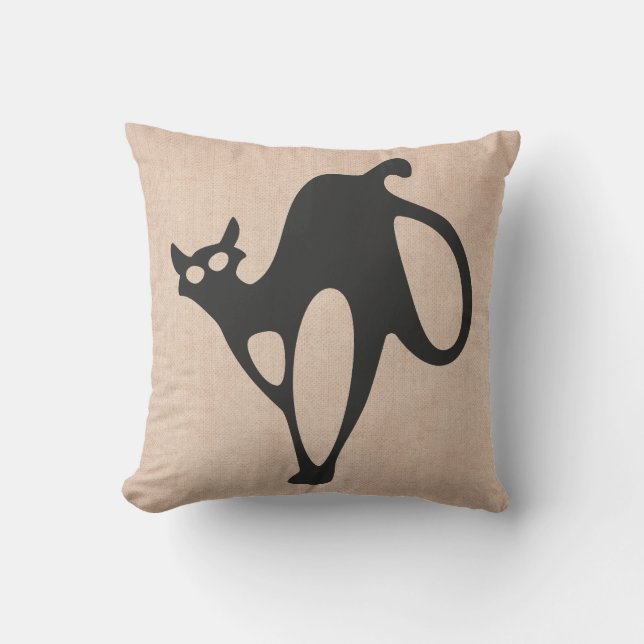 Halloween Trick or Treat Scary Cat Burlap Throw Pillow (Front)
