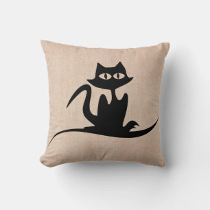 Halloween Trick or Treat Scary Cat Burlap Throw Pillow