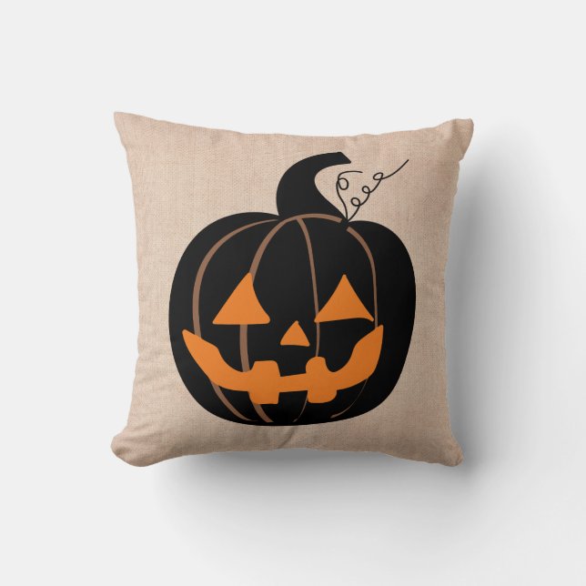 Halloween Trick or Treat Scary Pumpkin Burlap Throw Pillow (Front)