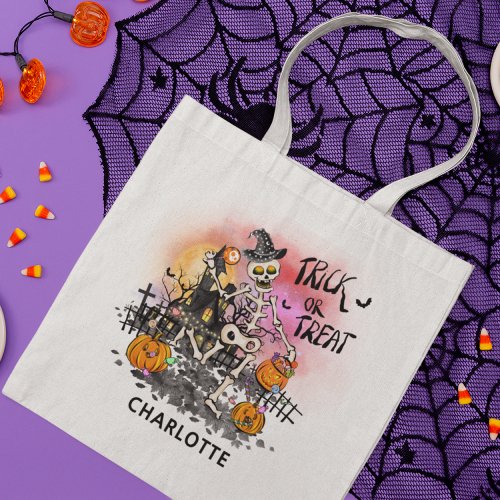 Halloween Trick Or Treat Skeleton Candy Name Tote Bag