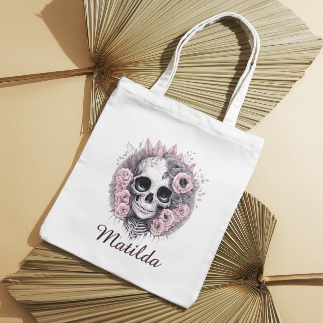 Halloween Trick Or Treat Skull Pink Roses Tote Bag (Creator Uploaded)