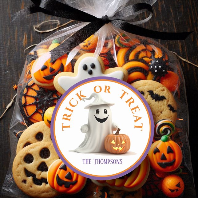  Halloween Trick or Treat Smiling Ghost  Classic Round Sticker (Creator Uploaded)