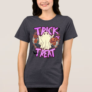 Halloween Trick or Treat Typography Ghost Pumpkin Tri-Blend Shirt