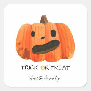 Halloween Trick or Treat Watercolor Pumpkin Kids' Square Sticker