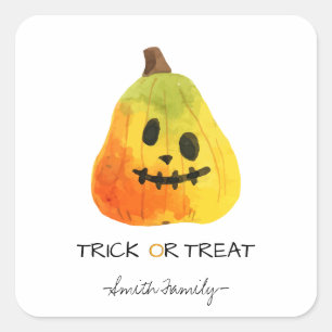 Halloween Trick or Treat Watercolor Pumpkin Kids' Square Sticker